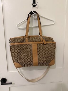 Coach Brown Signature Canvas Shoulder Diaper Bag Tote with Tan Leather Trim